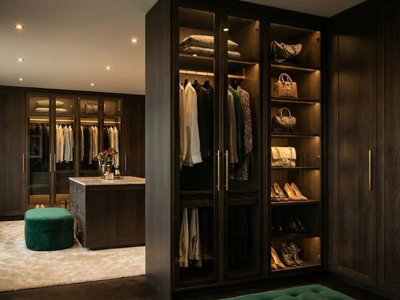 Dressing sur mesure luxueux dans une pièce dédiée avec armoires vitrées