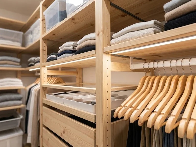 Rangements intérieurs d'un dressing fonctionnel avec étagères et tiroirs