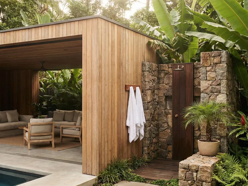 Pool house moderne et douche extérieure pour un jardin pièce à vivre