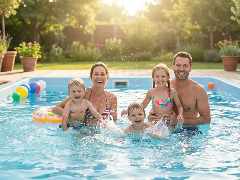 Famille heureuse profitant d'une piscine coque propre et facile d'entretien sous le soleil.