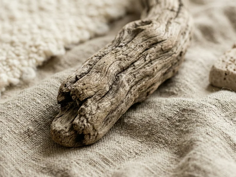 Gros plan sur des textures brutes : bois veiné, lin froissé, laine bouclée
