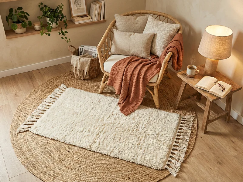 Superposition de tapis en jute et coussins en lin pour un intérieur cosy