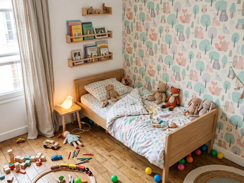 Chambre d'enfant avec papier peint à motifs animaux pour murs personnalisés