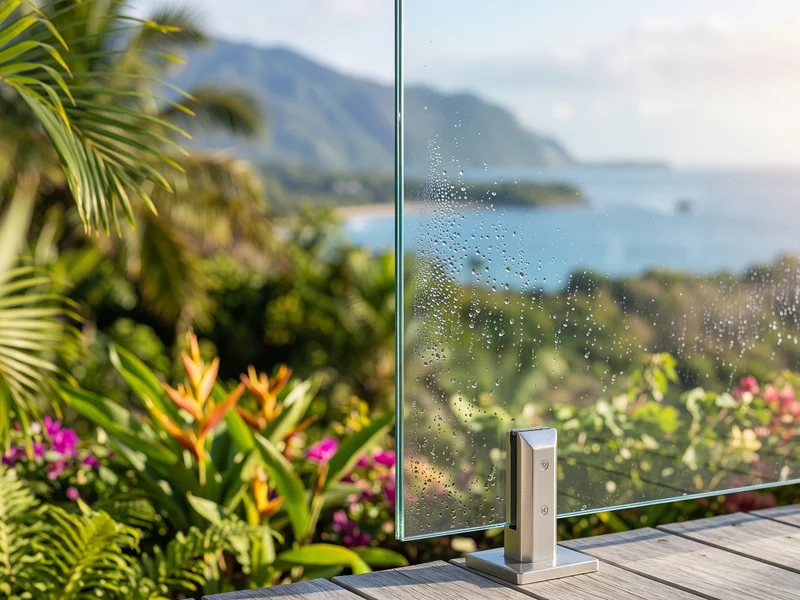 Rambarde vitrée transparente sur une terrasse réunionnaise, vue sur jardin tropical et mer