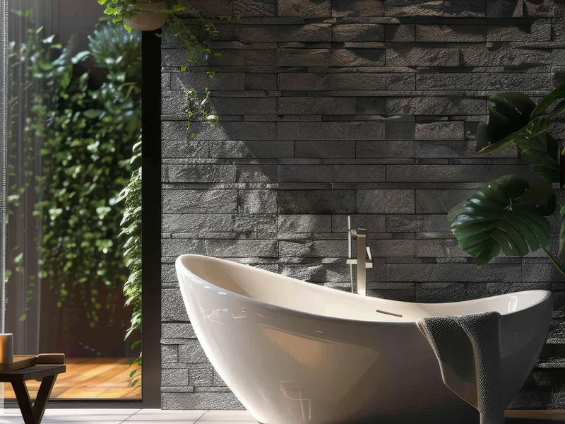 Mur de salle de bain en roche volcanique décoration, texture brute et moderne.