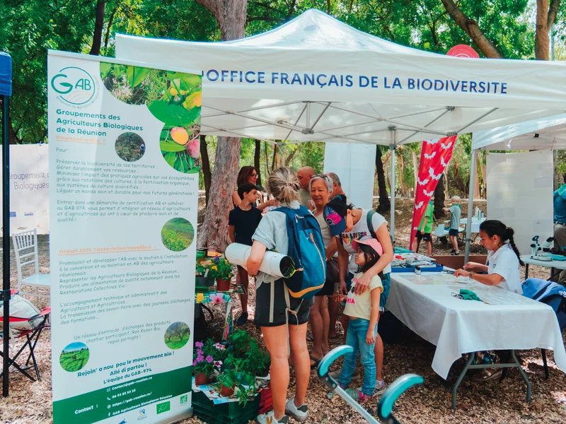 Famille réunionnaise pique-niquant sur un site naturel, respectant l'environnement.