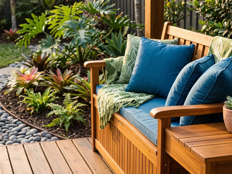 Banc de jardin multifonctionnel avec rangement intégré, idéal pour un aménagement petit jardin.