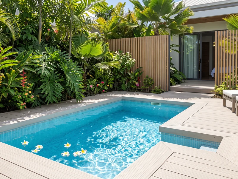 Mini-piscine ou spa compact dans un jardin créole, oasis de détente.