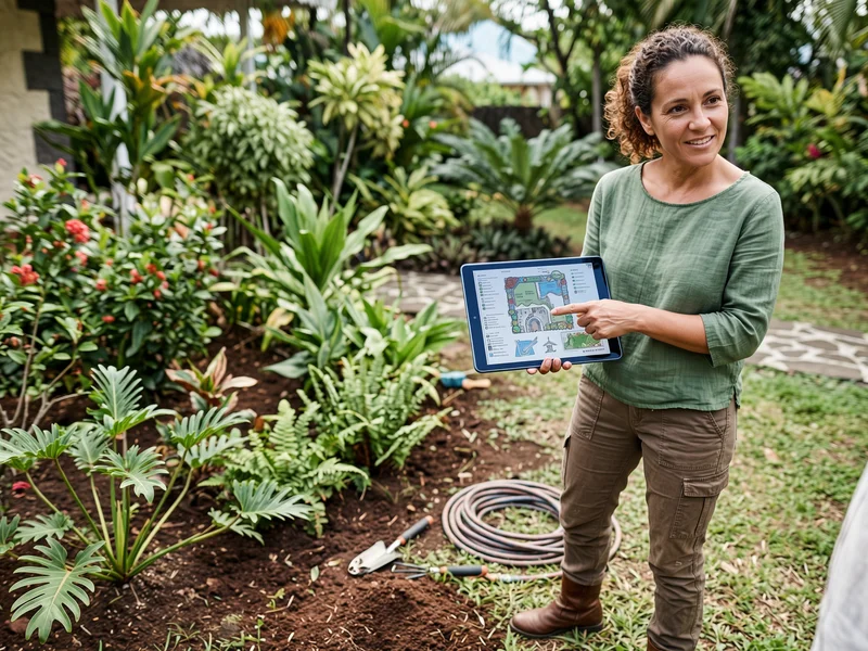 Concepteur paysagiste expliquant un plan d'aménagement pour un espace vert réduit à La Réunion.