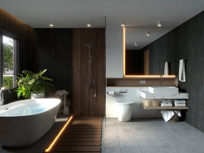 Accessoires design et décoration personnalisée dans une salle de bains moderne et élégante.